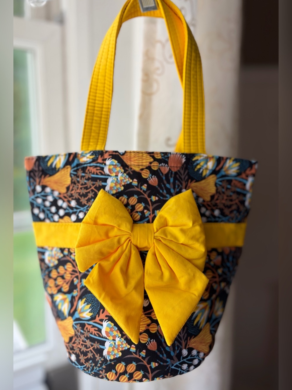 NaRaYa Small Cotton Bucket Bag Yellow/Black/Blue/White Cottage Preppy NWOT